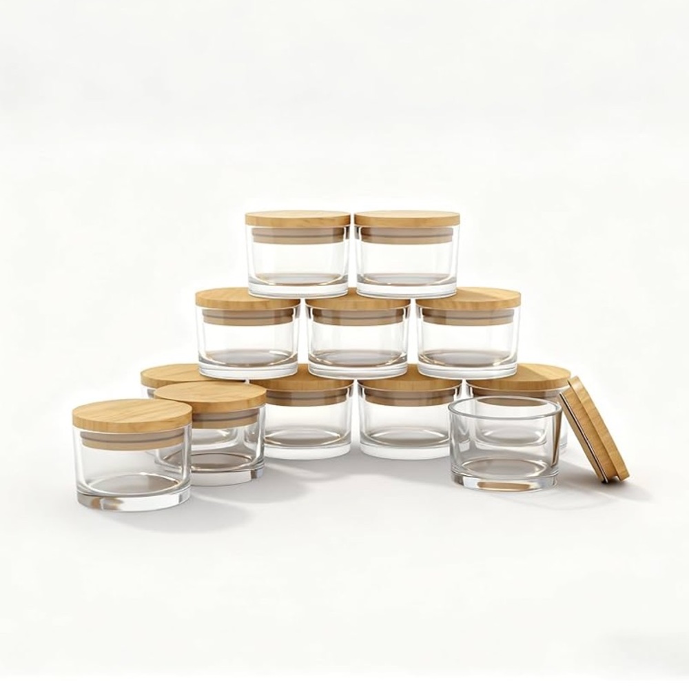 12 Piece Bamboo Lid Clear Jar Set 4oz Rubber Seal Universal Use New Nib